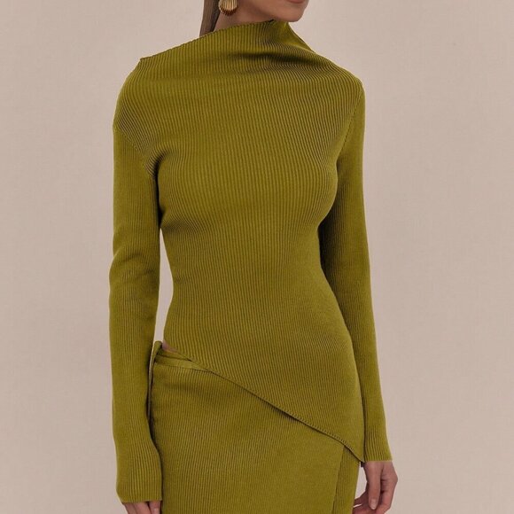 Sweaters - Olive Green Casual Asymmetrical Women's Ribbed Knit Sweater